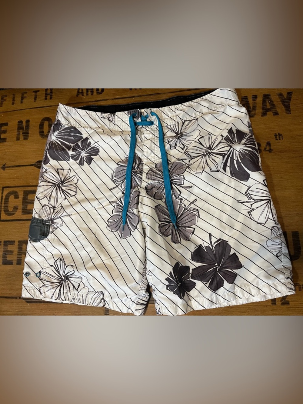 Men's White Floral Board Shorts with Teal Drawstring